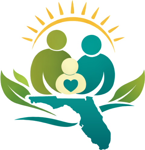 Logo of Florida Family Building Advocates. It features two adults on either side of a child, with a heart in the center of the child's chest. They are framed above by the outline of a sun with rays, and below them is a map of the State of Florida flanked by leaves.